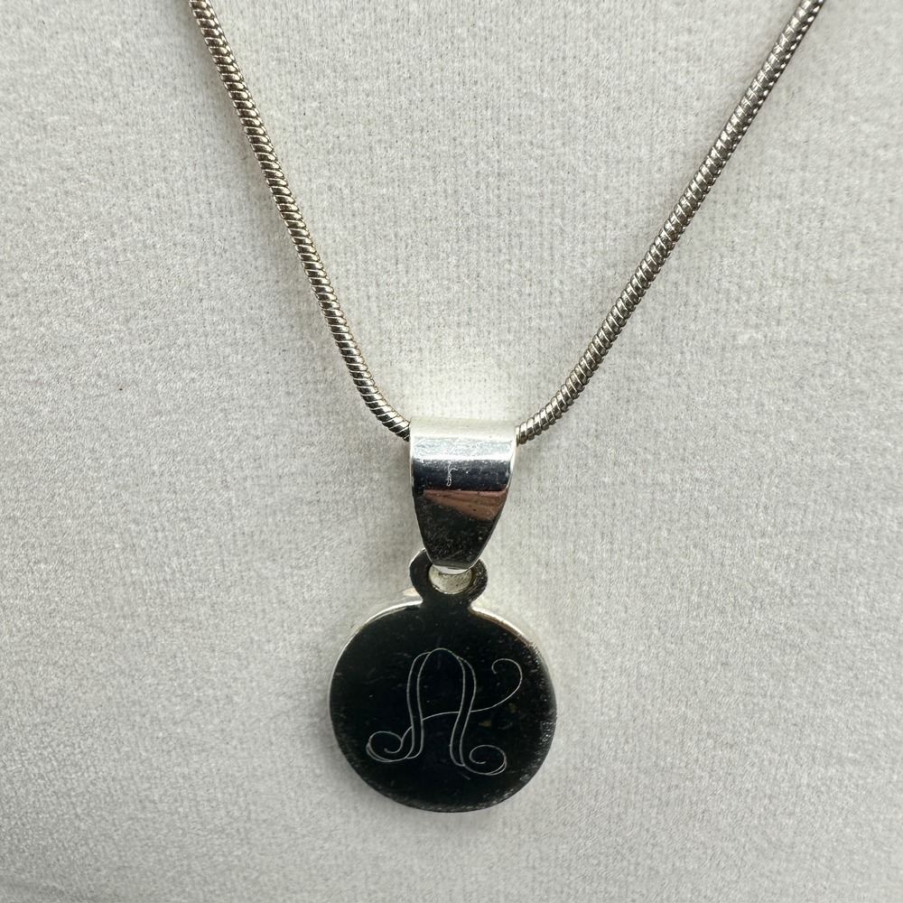 MSC Silver Oval Pendant Necklace Etched Initial "A" Minimal Classic Style